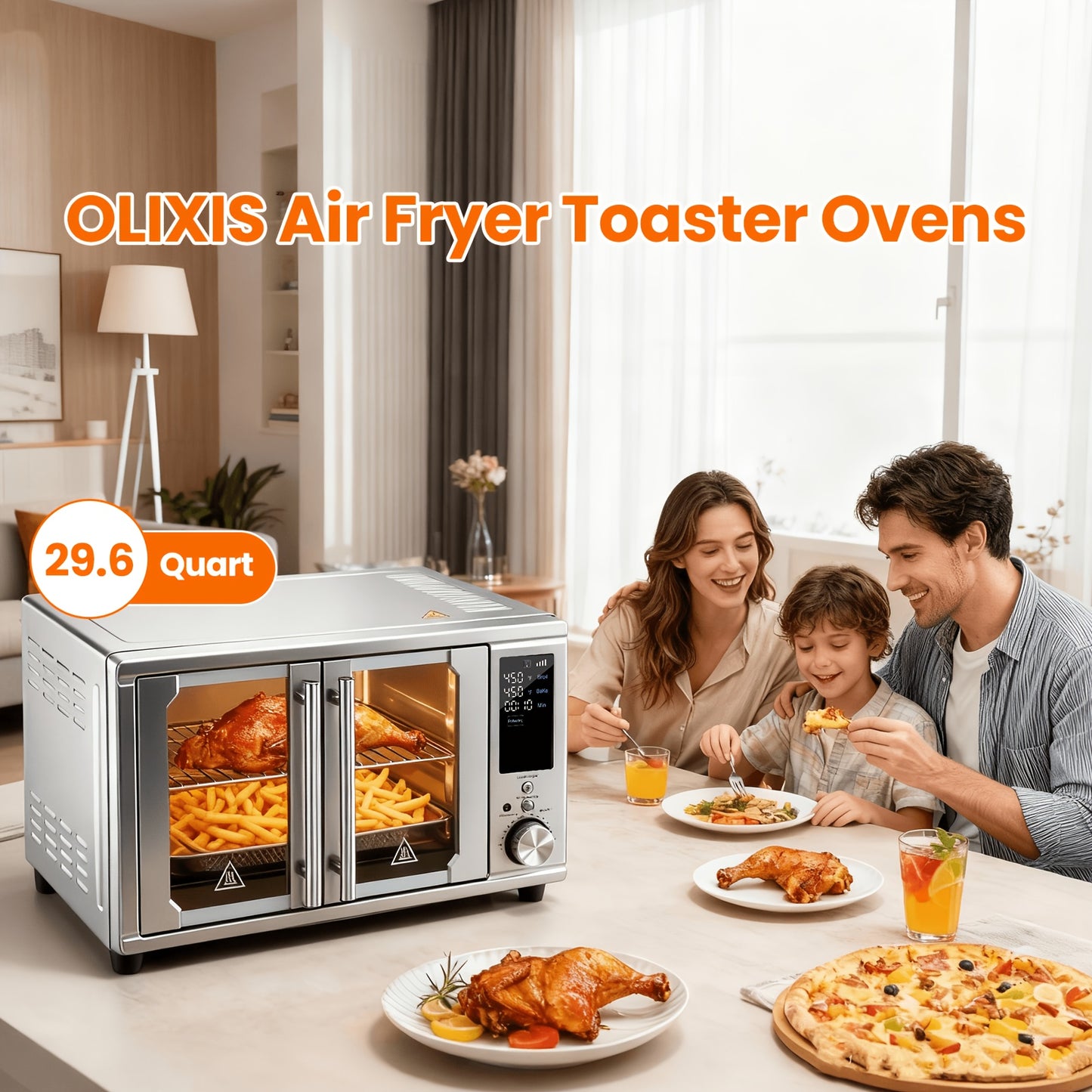 29.6QT XL Air Fryer Oven with Smart Probe, 12-in-1 Digital Toaster Oven Combo for Large Family, Stainless Steel Countertop Oven, Includes 7 Accessories & Rotisserie, 450°F Rapid Heat for Baking & Roasting