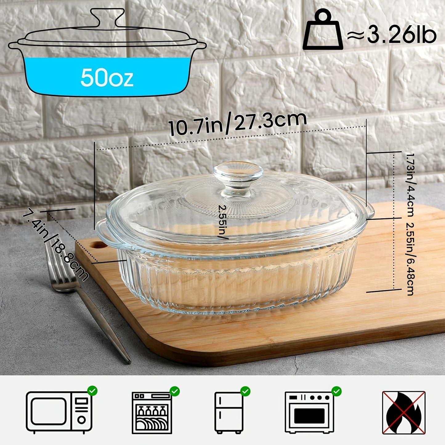 Elegant Glass Casseroles with Lids Set, Ribbed Oval Roaster, Transparent Covered Cookware, Versatile Deep Glass Food Containers, 50oz & 85oz, for Baking, Cooking, Oven & Microwave Safe, with Ideal for Desserts, Chicken, Pasta, for Holidays