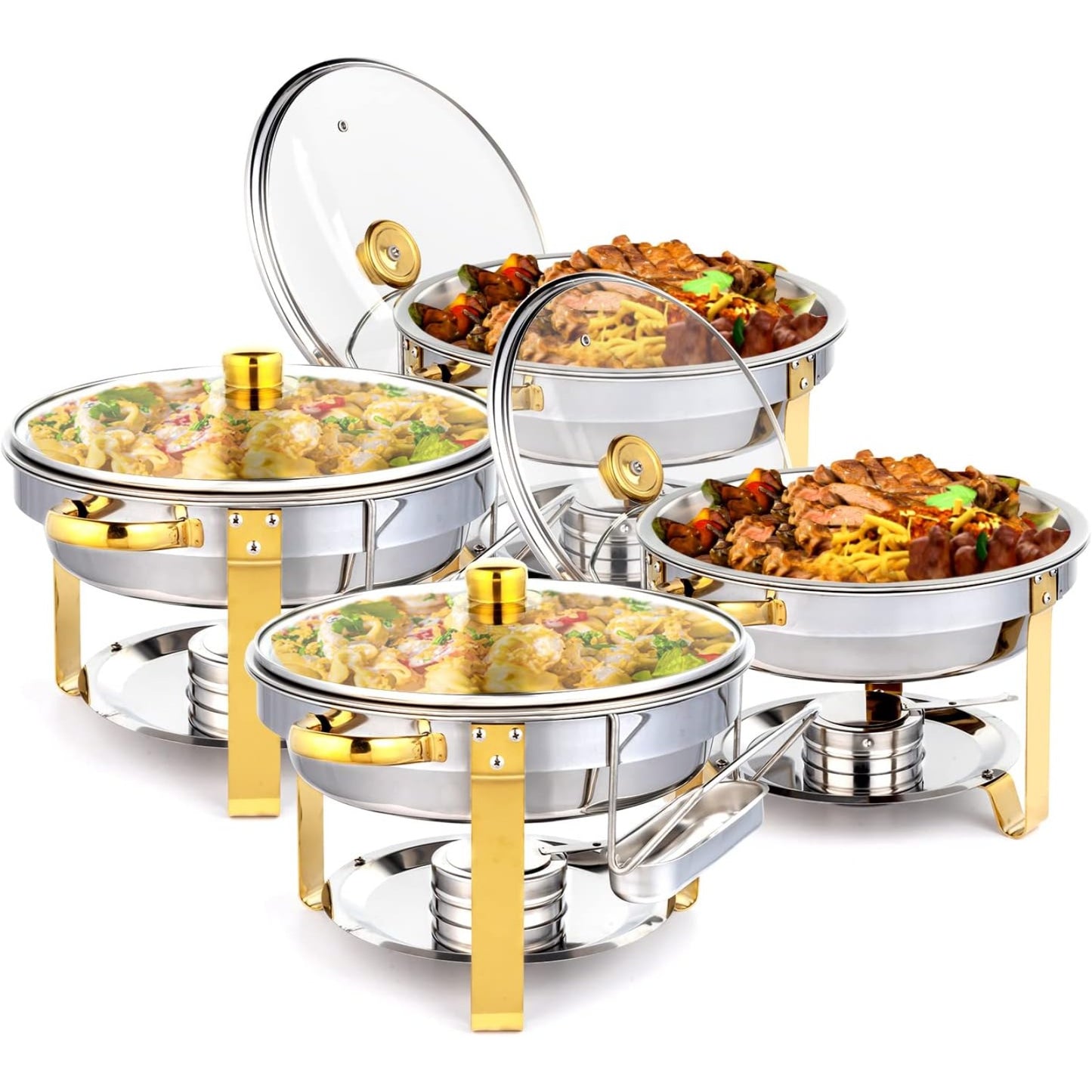 Stainless Steel Chafing Dish Set Buffet Warmer with Food Trays Water Trays Fuel Holders Mirror Finish Gold Handles Commercial Catering Buffet Server