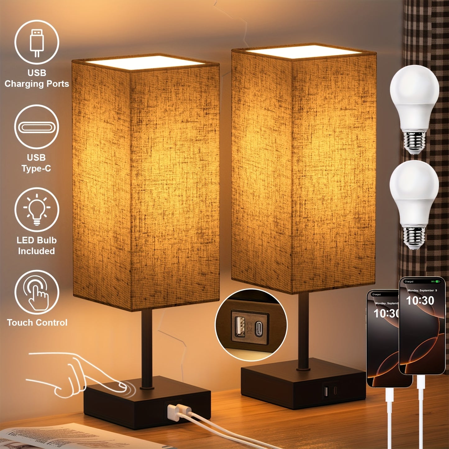 Set of 2 Bedside Lamps for The Bedroom, Featuring a 3-Way Dimmable Touch Function And USB C+A Charging Ports. These Compact Nightstand Lamps Are Perfect for Bedroom Decor And Living Rooms, And Come with LED Bulbs Included in an Upgraded Navy Blue De