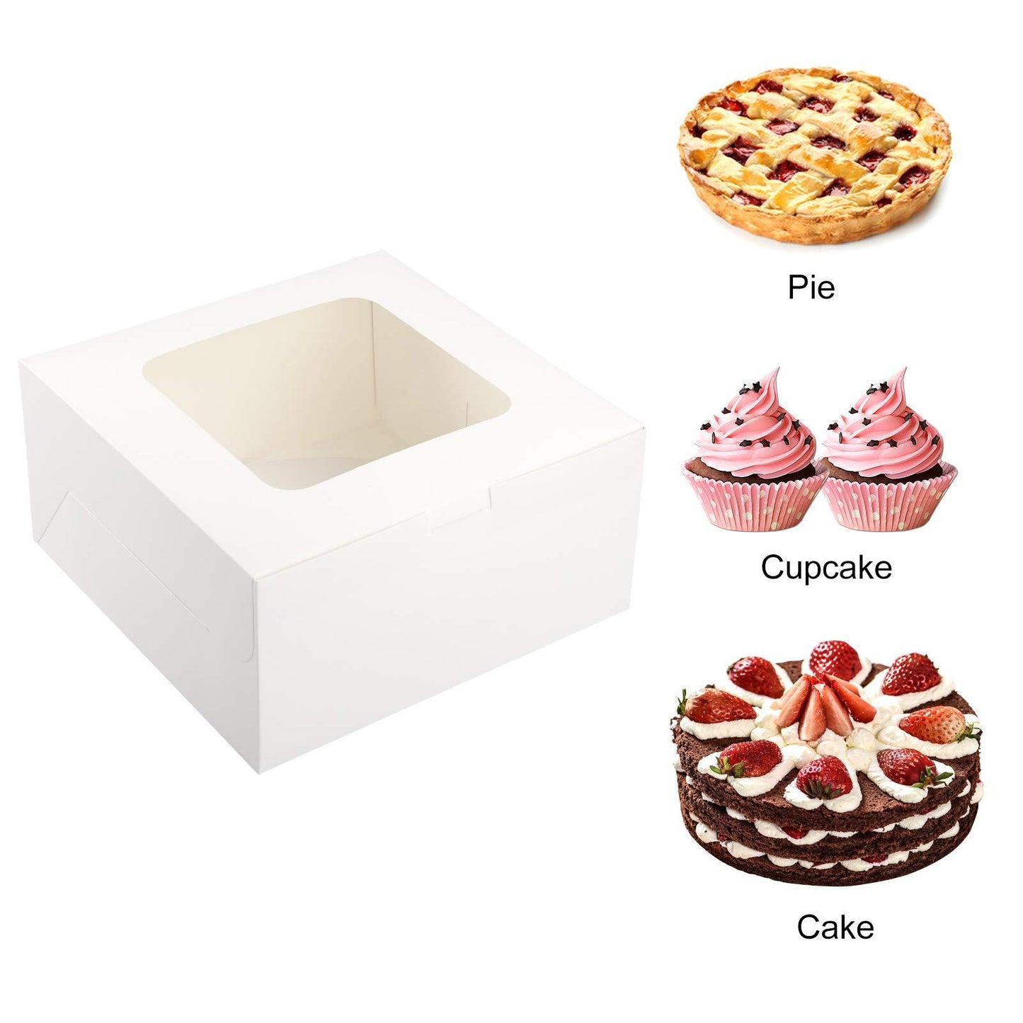 WHONLINE 10 Sets Cake Boxes, Party Gift Box Packaging, 10x10x5 Inches, White Square Bakery Boxes with Window, Large Cake Boxes with Red Ribbons And 10pcs 10 Inches Round Cake Boards, for Birthday Party, Wedding And Father's Day