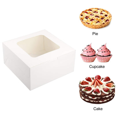 WHONLINE 10 Sets Cake Boxes, Party Gift Box Packaging, 10x10x5 Inches, White Square Bakery Boxes with Window, Large Cake Boxes with Red Ribbons And 10pcs 10 Inches Round Cake Boards, for Birthday Party, Wedding And Father's Day