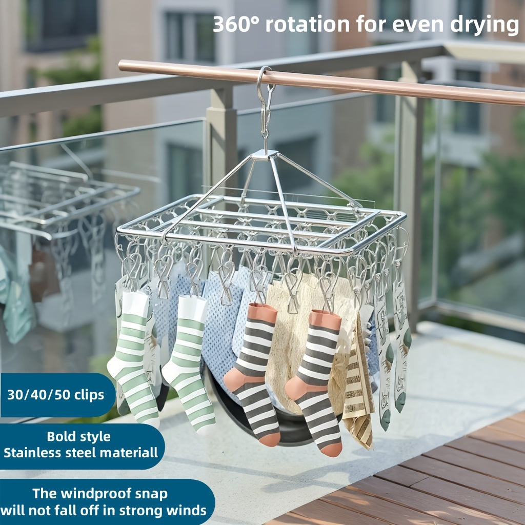 1pc/2pcs, 30-clip Stainless Steel Cooling Hanger, Windproof, Skidproof Hanging Laundry Rack, Suitable for Socks and Underwear, Space Saving Multi-functional Drying Rack, Suitable for Home, Bedroom and Balcony Use., Drying Racks