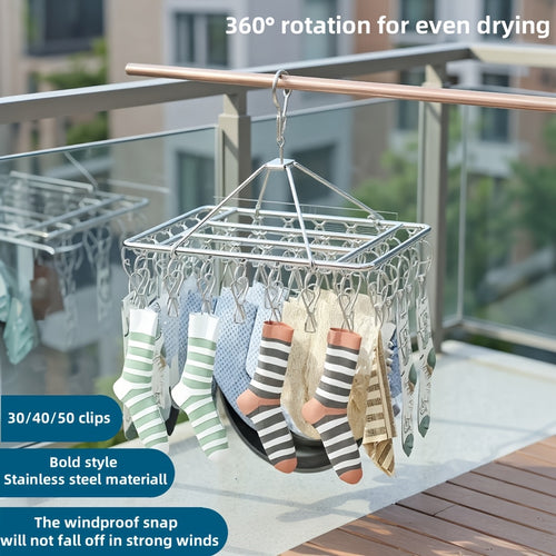 1pc/2pcs, 30-clip Stainless Steel Cooling Hanger, Windproof, Skidproof Hanging Laundry Rack, Suitable for Socks and Underwear, Space Saving Multi-functional Drying Rack, Suitable for Home, Bedroom and Balcony Use., Drying Racks