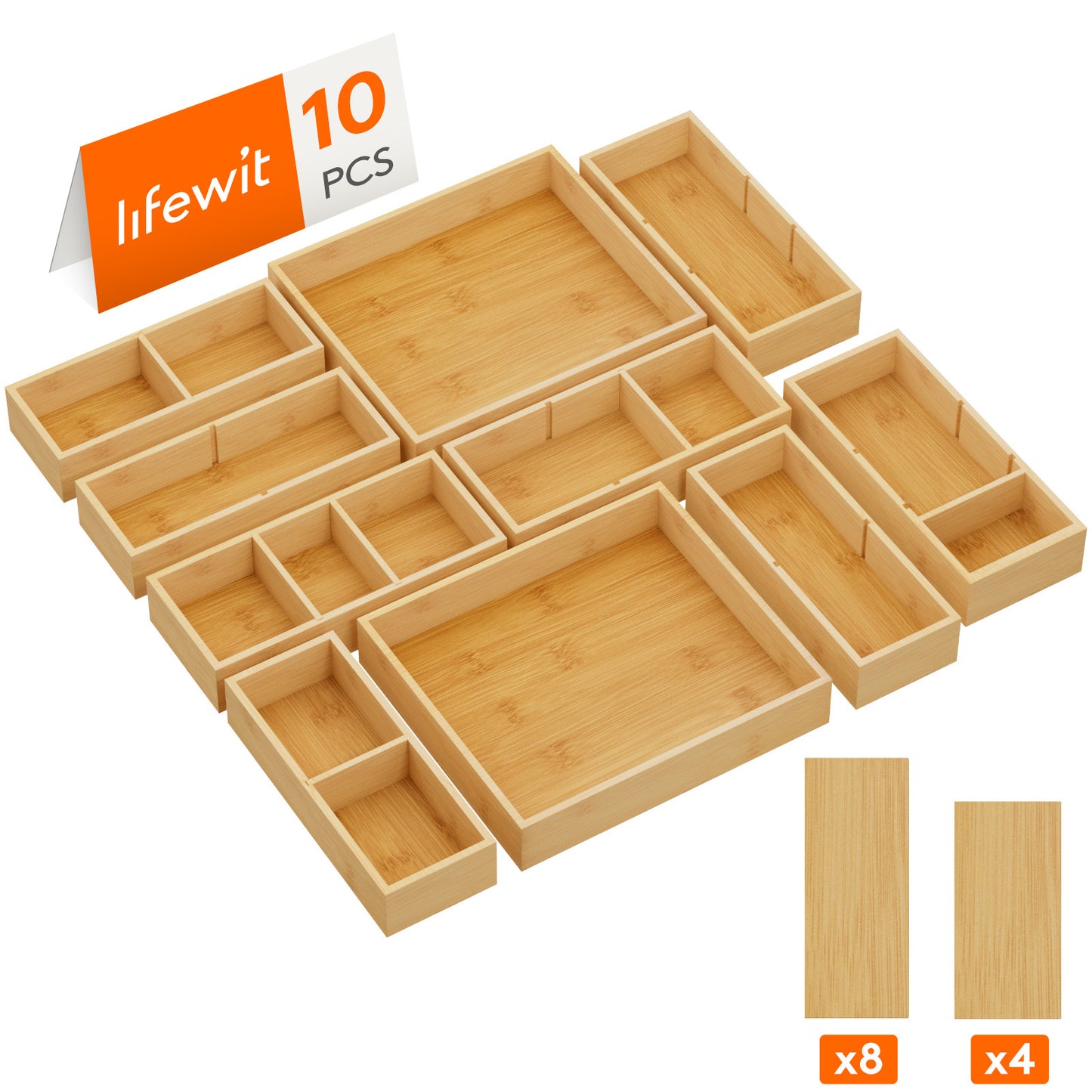 Adjustable Bamboo Wooden Drawer Dividers, Drawer Organizers, Stackable Storage Box for Utensils, Silverware, Makeup, Junk in Kitchen/Bathroom/Office/Vanity
