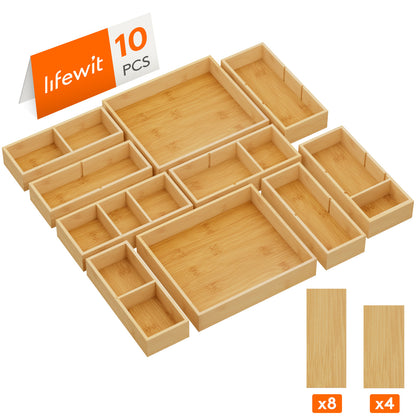 Adjustable Bamboo Wooden Drawer Dividers, Drawer Organizers, Stackable Storage Box for Utensils, Silverware, Makeup, Junk in Kitchen/Bathroom/Office/Vanity