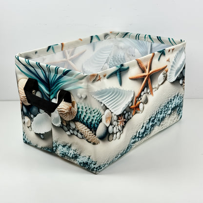 Storage Basket Fabric Organizer Bin – Beach Shell & Starfish Design for Shelf, Laundry, Nursery, Home Office, Dorm, Books, Clothes & Gifts