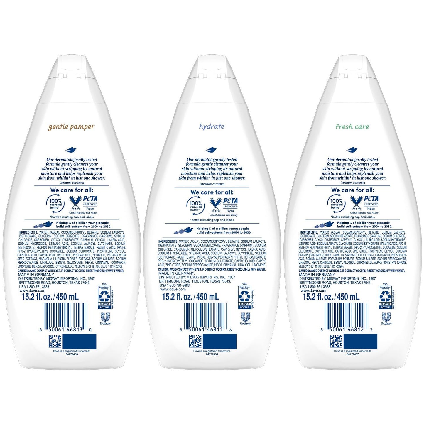 Dove Body Wash 3ct Variety Mix Pack 450ml 15.2 fl oz Each Moisturizing Nourishing Shower Gel Set for Soft Smooth Skin Men Women Daily Use