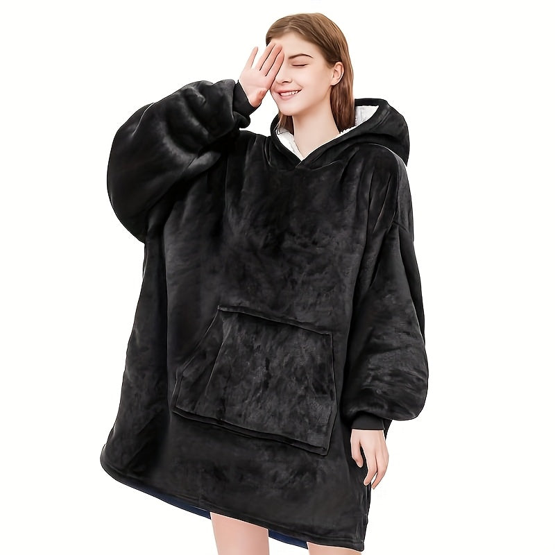 A Super Soft And Comfortable Plush Hooded Shirt, Double-Sided Wearable Blanket, Super Soft Reversible Hooded Blanket with Kangaroo Pocket, Machine Washable, Lazy Nightgown Dress