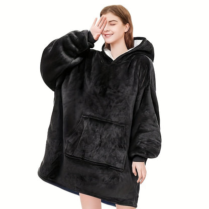 A Super Soft And Comfortable Plush Hooded Shirt, Double-Sided Wearable Blanket, Super Soft Reversible Hooded Blanket with Kangaroo Pocket, Machine Washable, Lazy Nightgown Dress