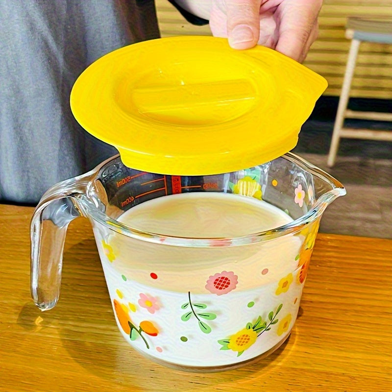 Glass Measuring Cup, Transparent, 16.91oz, Safe for Microwave and Freezer, Oven, with Floral Pattern