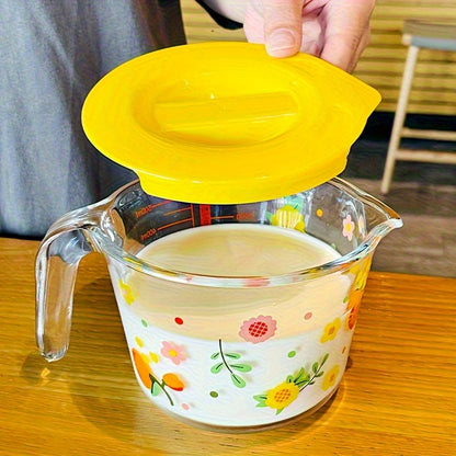 Glass Measuring Cup, Transparent, 16.91oz, Safe for Microwave and Freezer, Oven, with Floral Pattern