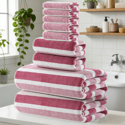 9/15pcs Classic Towel Set, No Hair Loss, Super Absorbent, Super Soft Two-color Striped Interval Bath Towel Combination, Including 2 Large Bath Towels, 2 Large Face Towels, 5 Hand Towels, Bathroom Supplies, And Beach Essentials, Wash Cloths