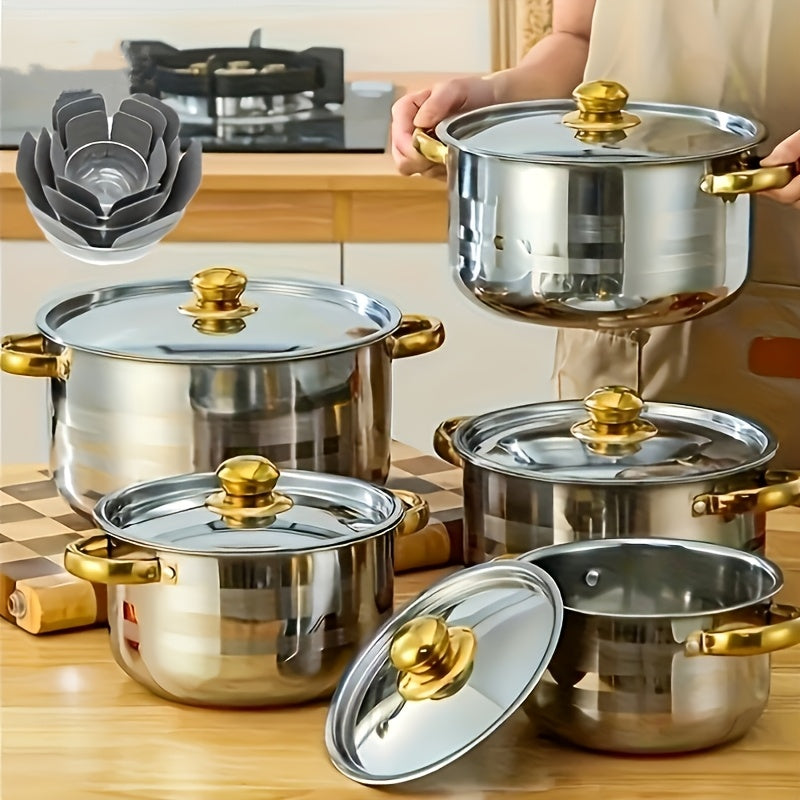 10/12/15pcs Stainless Steel Cooking Pots Stainless Steel Cookware Set, Stainless Steel Cooking Pot, 5Pots + 5 Lids, 6Pots + 6Lids+3Pads, Stainless Steel Double Handles with Lid, for Home And Restaurant Cooking, Suitable for Soup, Hot Pot, Noodles