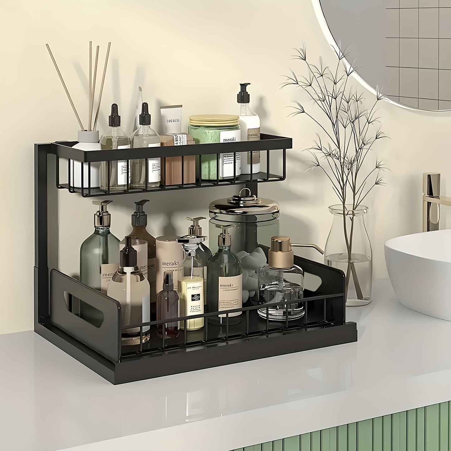 1/2pcs 2-story kitchen sink storage containers，push-pull cabinet organizer, kitchen and bathroom organizers and storage, study, tabletop, metal sliding drawers, practical and convenient kitchen accessories essentials, kitchen organizers and storage.