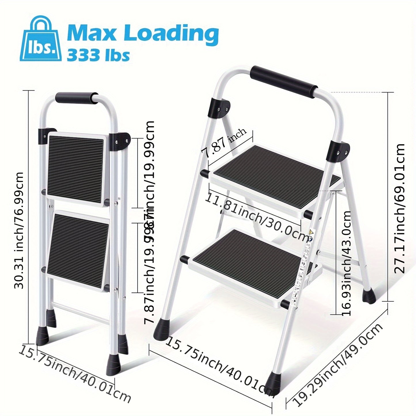 2 Step Ladder Foldable Heavy Duty Steel, Non-Slip Wide Pedal Step Stool with Safety Handle, Lightweight Portable Folding Step Ladder for Home Kitchen Bathroom Garage, 250lb Capacity, White & Red