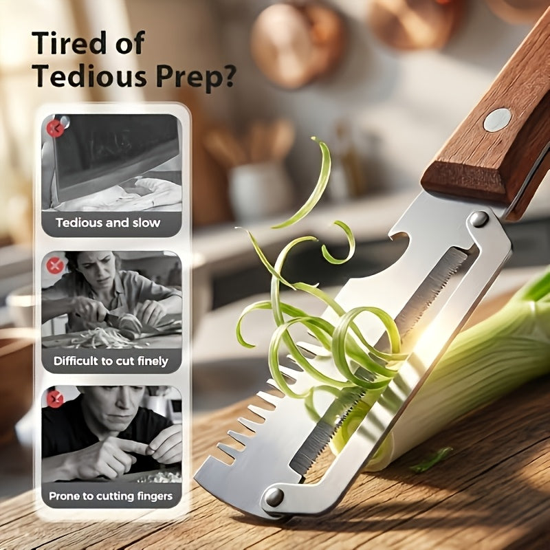 2pcs Heavy-duty Stainless Steel Fruit and Vegetable Peeler and Slicer Set, Equipped with Scallion Cutter. Multi-functional Kitchen Gadgets with Straight Blade and Ergonomic Design, Premium Vegetable Peeler Featuring Wooden Handle and Bottle Opener