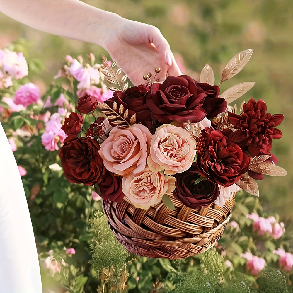 AUSOGO Artificial Rose Bouquet, Wine Red Plastic Flowers for Wedding and Engagement, Versatile for Tabletop Decoration, Ideal for Halloween, Day of the Dead, Memorial Day, Fall, Winter Events, No Battery Required