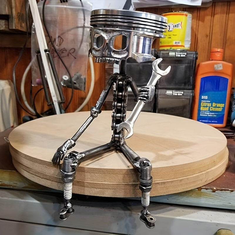 Hand-Painted Industrial Gothic Decor - Mechanical Piston Skull Sculpture with Holding a Wrench, Non-Electric Desk Decoration for Garage, Office, for Man Cave - Perfect Gift for Engineers, Car Lovers, Mechanics - Durable Resin Construction, Garage Decor, S