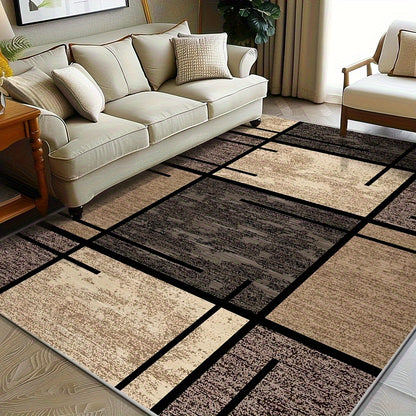 Luxury Velvet Area Mat - Premium Machine Washable, Fade-Resistant Polyester Mat for Living Room, Bedroom, Office, And Outdoor Decor - Rectangle, Lightweight, And Easy to Clean - 850 GSM, Beige And Brown Geometric Pattern, Comfortable Bedroom Mat