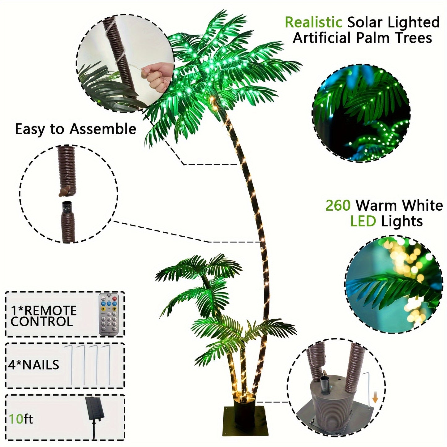 Solar 7FT Lighted Artificial Palm Tree With Three Trunks And 260 LED Lights - Ideal For Outdoor/Indoor Use, Perfect For Tiki Bars, Patios, Homes, Offices, Beaches, Yards Pool, Party