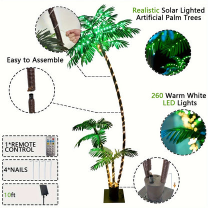 Solar 7FT Lighted Artificial Palm Tree With Three Trunks And 260 LED Lights - Ideal For Outdoor/Indoor Use, Perfect For Tiki Bars, Patios, Homes, Offices, Beaches, Yards Pool, Party