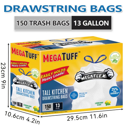 Boxed Disposable Non Tear Garbage Bags 50 Bags/Roll Puncture Tear Resistant Trash Bags, 30/13 Gallon Capacity, ODOR ELIMINATORTECHNOLOGY Kitchen Drawstring Garbage Bags Fresh Clean Scent With Lemon Mint Scent, EASY TO USEDRAWSTRINGS MORE DURABLE