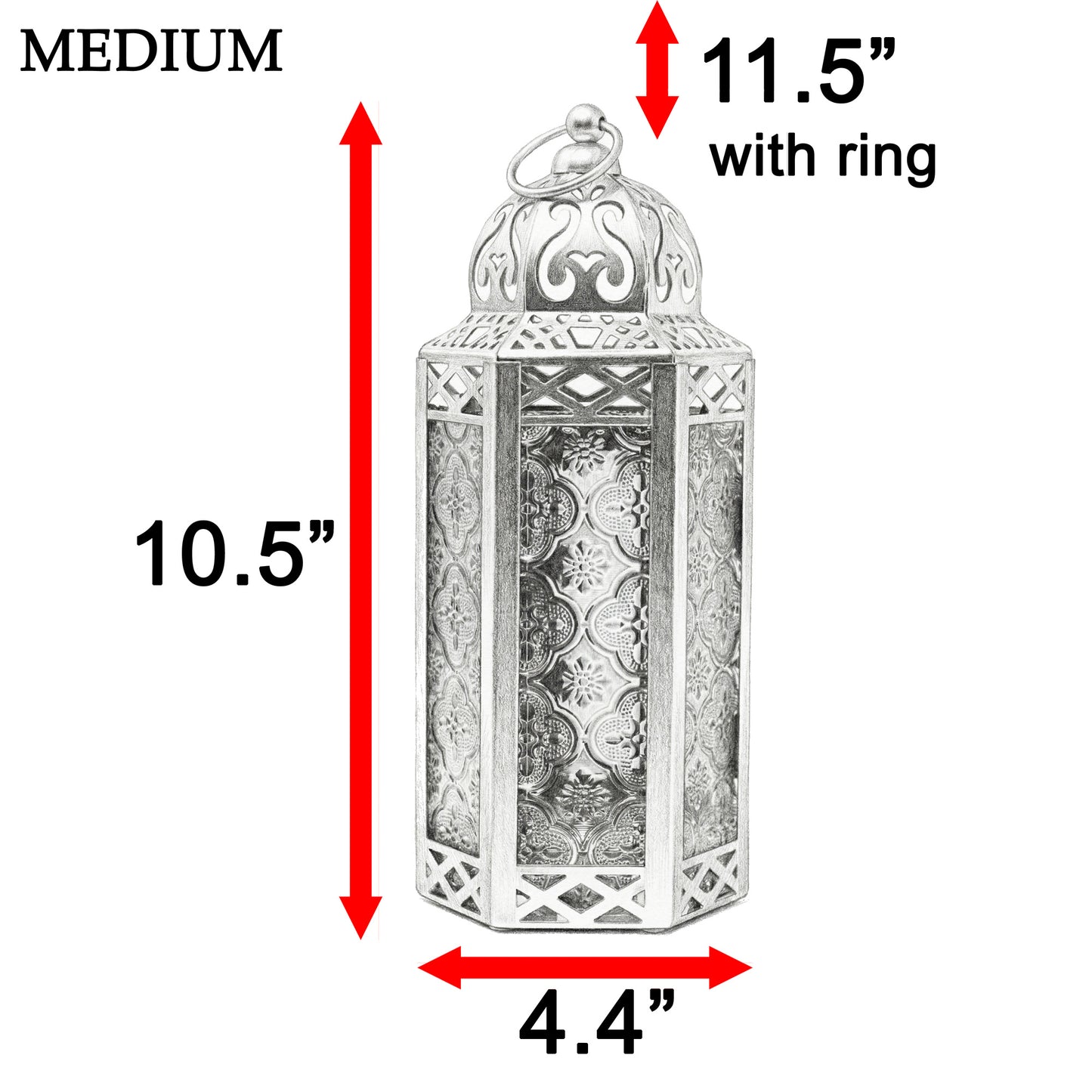 Moroccan Candle Lantern Holder - Decorative Metal & Glass Lantern with Embossed Floral Design for Indoor Home Decor, Garden, Patio, Weddings, Ramadan, Halloween & Holiday Celebrations - 10.5" Tall Medium Size
