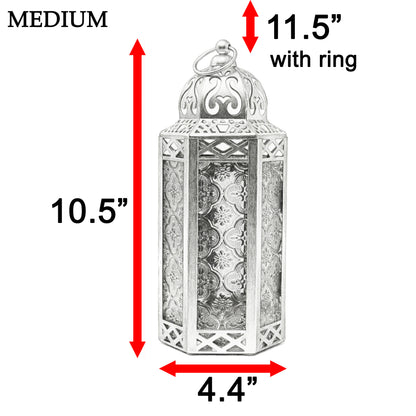Moroccan Candle Lantern Holder - Decorative Metal & Glass Lantern with Embossed Floral Design for Indoor Home Decor, Garden, Patio, Weddings, Ramadan, Halloween & Holiday Celebrations - 10.5" Tall Medium Size