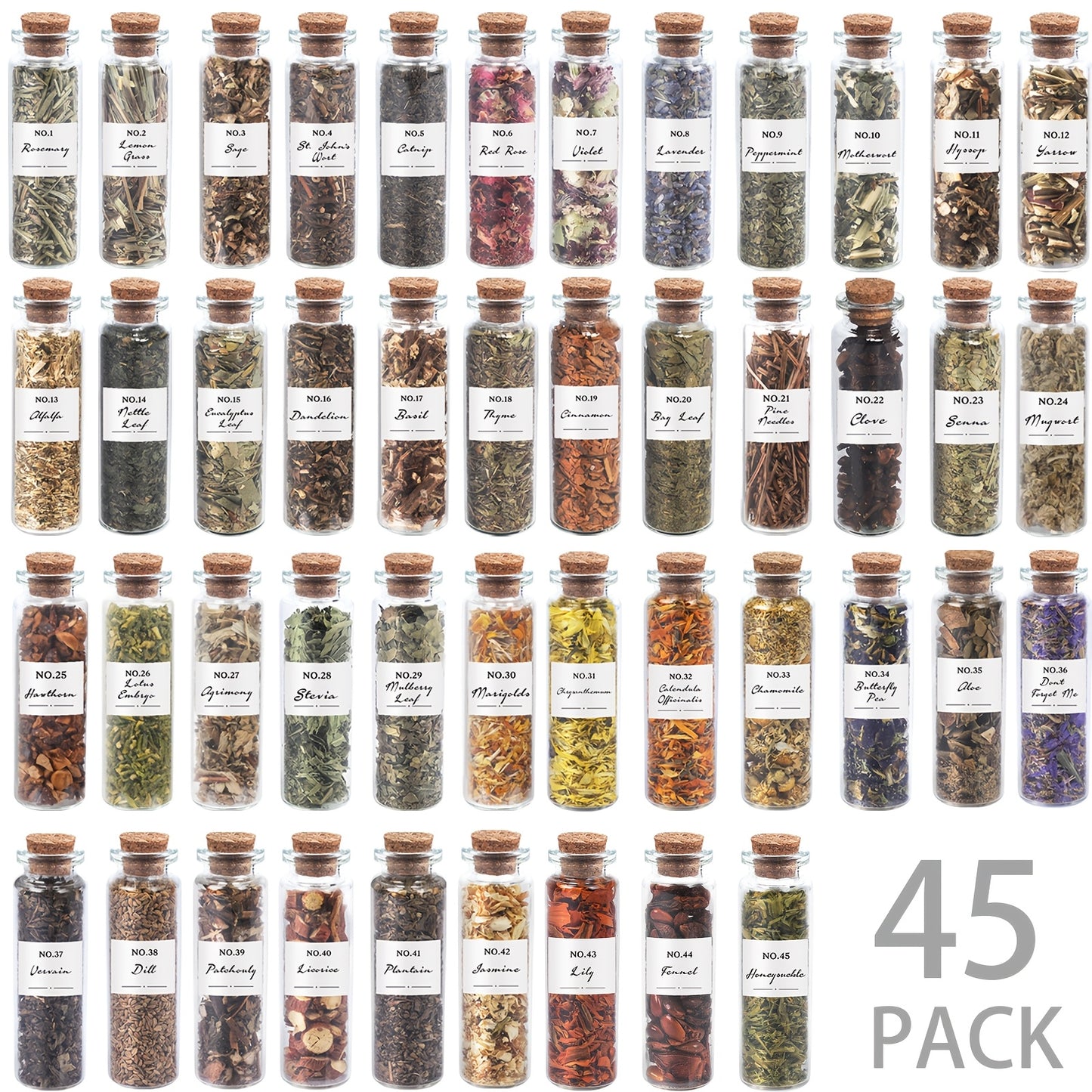 Dried Herbs Kit 45 Bottles with Crystal Spoon – Altar Supplies Herb Set for Wicca, Pagan Magic, Incense Spells & Bath Rituals – Beginner Witchcraft Starter Kit, Unique Gift for Mother's Day, Graduation & Weddings