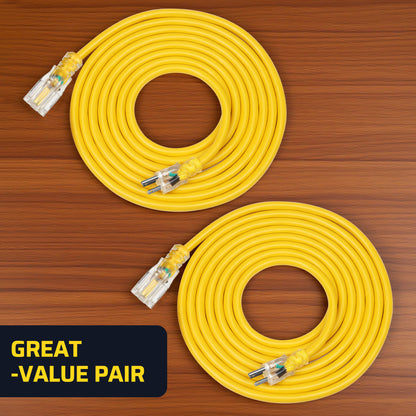 2Pack 15ft Heavy-Duty Extension Cord - SJTW 16/3 Full Copper, LED Power Indicator, 13A 125V 1625W