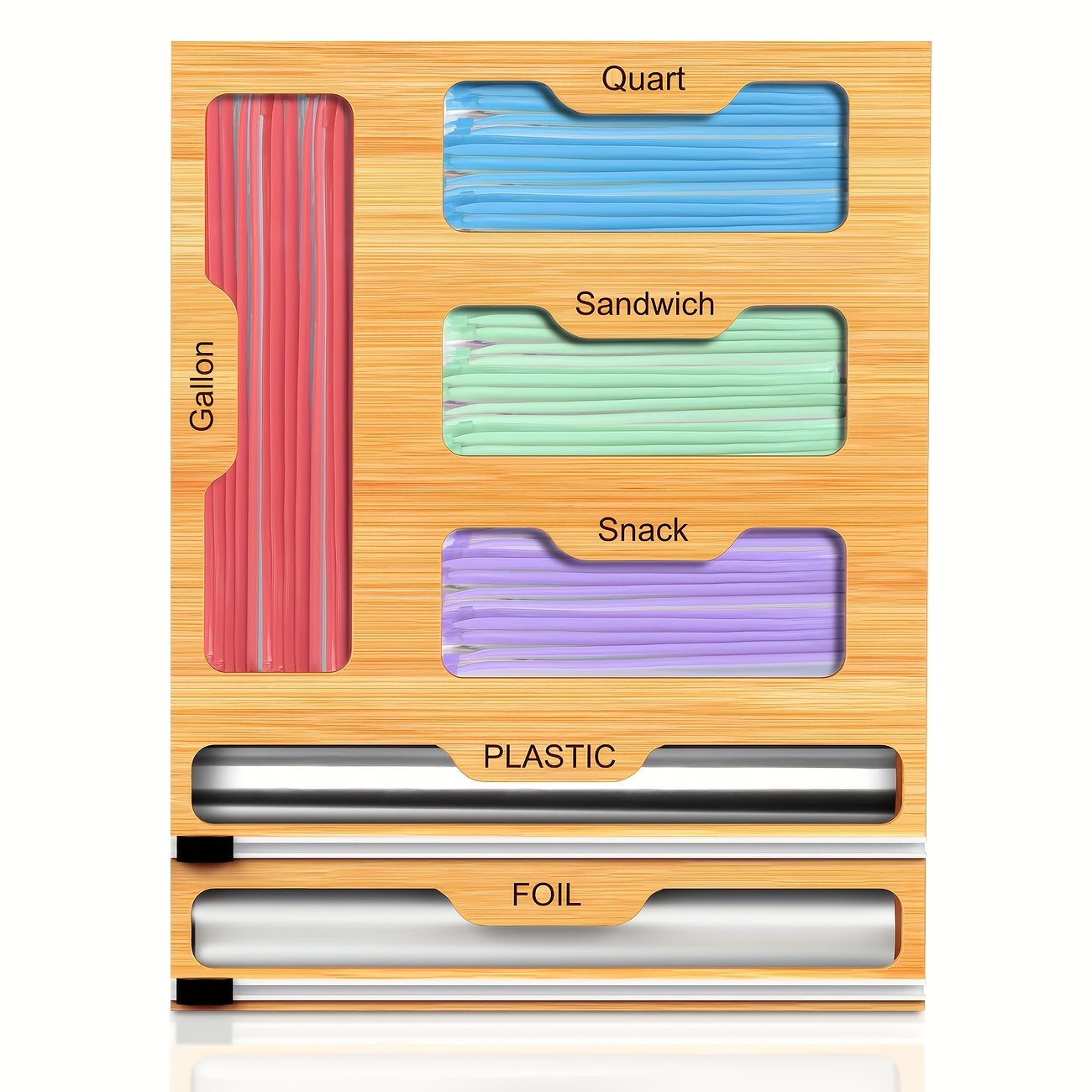 Bamboo Bag Organizer And Foil And Plastic Wrap Organizer Aluminum Foil Organization And Storage Plastic Wrap Dispenser with Cutter for Kitchen Drawer for Gallon Quart Sandwich Snack Kitchen Supplies