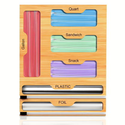 Bamboo Bag Organizer And Foil And Plastic Wrap Organizer Aluminum Foil Organization And Storage Plastic Wrap Dispenser with Cutter for Kitchen Drawer for Gallon Quart Sandwich Snack Kitchen Supplies