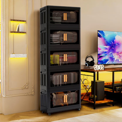 4/5 Tier Large Double Door Storage Locker & Bin, Collapsible Stackable Sturdy Space-Saving Plastic Organizer with 360° Rotatable Lockable Wheels - All-Purpose Organizer for Dorm, Office, Closet, Living Room, Gym, School, Garage, Bedroom, Basement