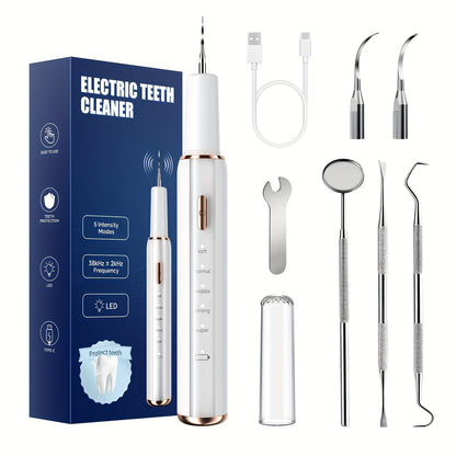 Electric Tooth Cleaner Tartar Remover Rechargeable - 5 Speed Modes, LED Light, USB Charging, 2 Replaceable Brush Heads, Dental Plaque Scraper for Teeth Whitening, Stain & Tartar Removal, Dental Mirror