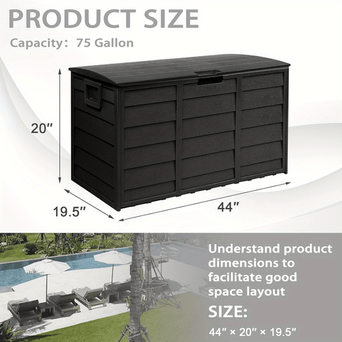 75 Gallon Outdoor Storage Box Deck Box with Handles | Large Waterproof Lockable Cabinet for Pool Accessories, Garden Tools & Camping Gear – Easy Assembly Yard Storage Bin, Pure Black