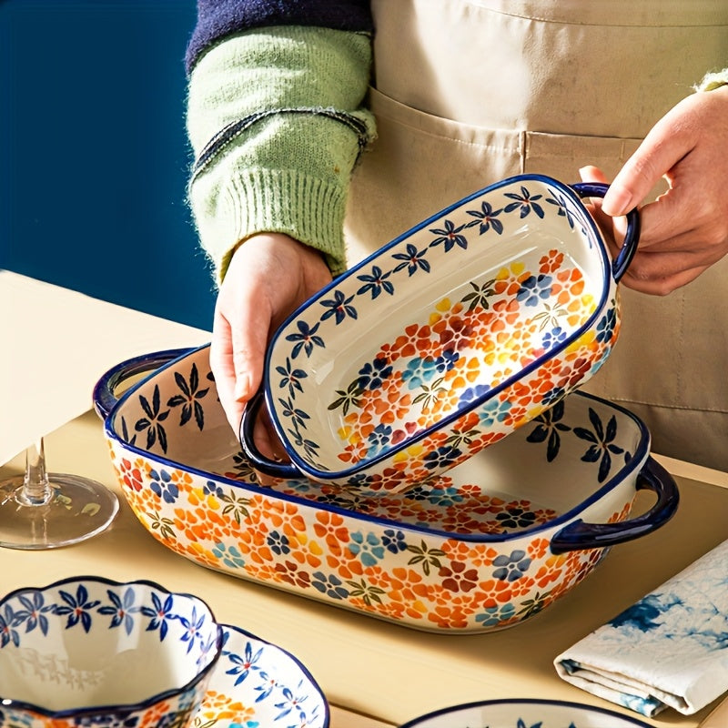 2pcs Bohemian Porcelain Baking Dishes - 13-inch Large Rectangular Baker Set  Elegant Mother's Day Gift for Home Chefs, Kitchen Essentials, Decorative Cookware, Stylish Bakeware, Premium Cookware, Durable Bakeware, Cooking Enthusiasts