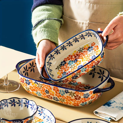 2pcs Bohemian Porcelain Baking Dishes - 13-inch Large Rectangular Baker Set  Elegant Mother's Day Gift for Home Chefs, Kitchen Essentials, Decorative Cookware, Stylish Bakeware, Premium Cookware, Durable Bakeware, Cooking Enthusiasts