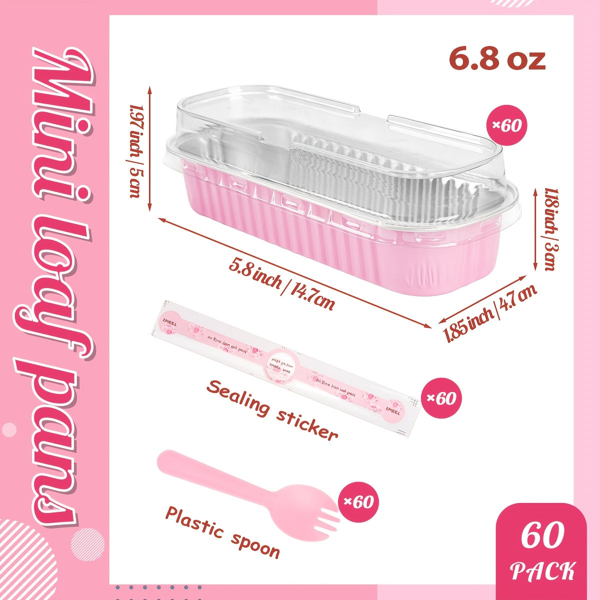 60pack Mini Loaf Pans with Lids And Spoons Rectangular Aluminum Foil Baking Pans Mini Cheesecake Containers 6.8oz(Pink)