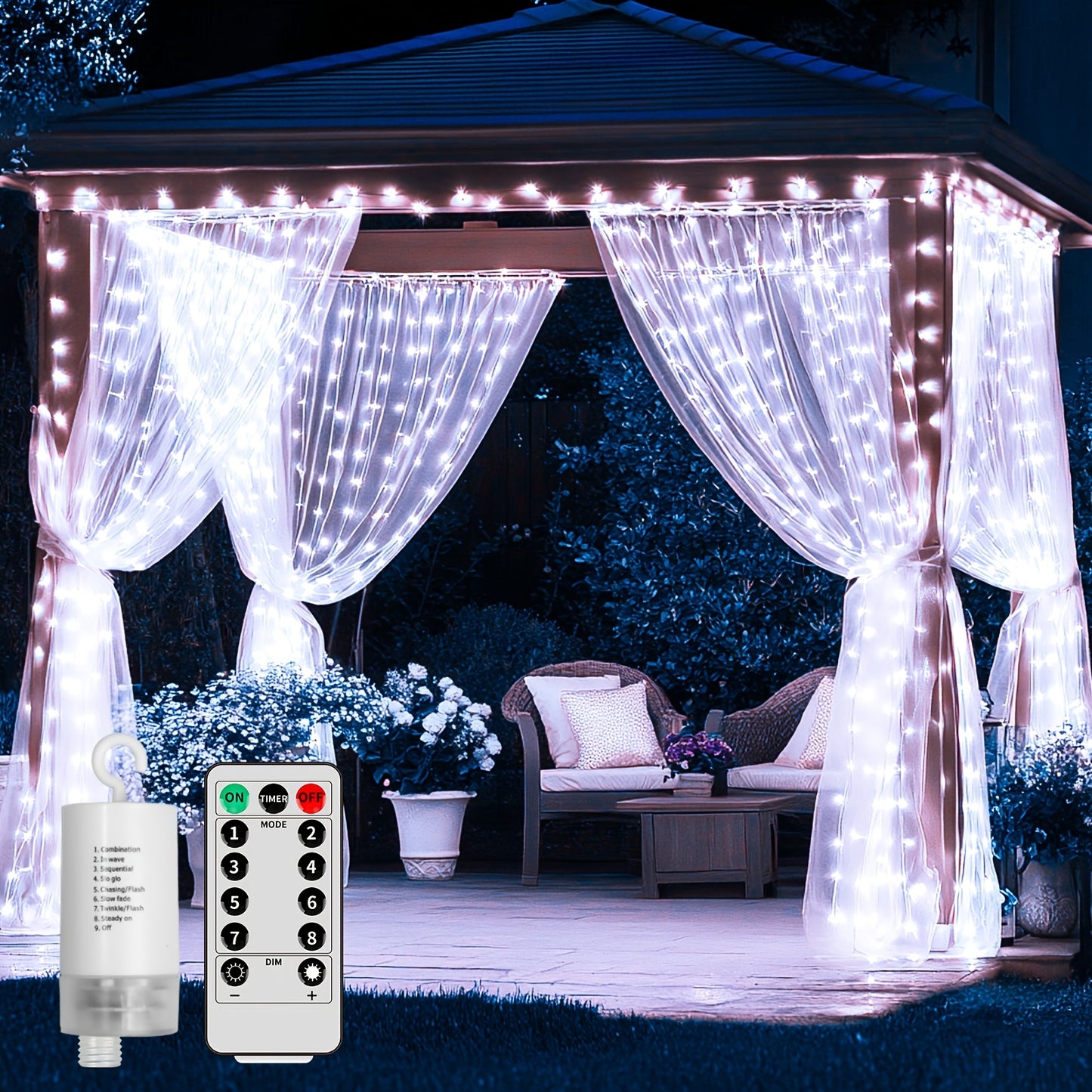 Upgraded Version of Gazebo Curtain Lights Featuring 330, Battery-Operated, Outdoor Use with IP65 Rating, 10Ft X 10Ft Flashing Hanging Waterfall Lights Equipped with Remote Control, 8 Dimmable Modes, Perfect for Fairy in Bedrooms, Porches