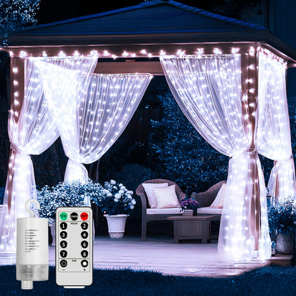 Upgraded Version of Gazebo Curtain Lights Featuring 330, Battery-Operated, Outdoor Use with IP65 Rating, 10Ft X 10Ft Flashing Hanging Waterfall Lights Equipped with Remote Control, 8 Dimmable Modes, Perfect for Fairy in Bedrooms, Porches