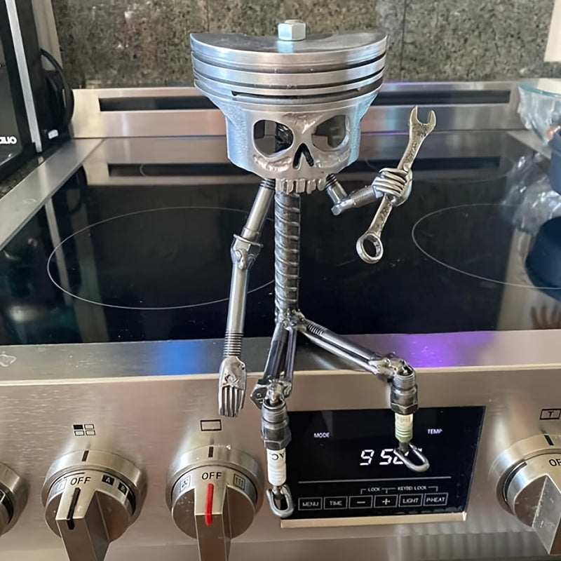 Hand-Painted Industrial Gothic Decor - Mechanical Piston Skull Sculpture with Holding a Wrench, Non-Electric Desk Decoration for Garage, Office, for Man Cave - Perfect Gift for Engineers, Car Lovers, Mechanics - Durable Resin Construction, Garage Decor, S