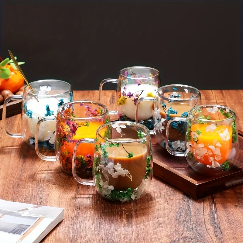 4pcs Double-Wall Glass Coffee Cups with Handle - Leakproof Suitable for Tea, Cappuccino, Latte, Dried Flower Design Thermal Mugs, Transparent Cups for, Office, Parties, Holiday Gifts (Hand Wash Only)