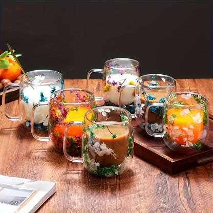 4pcs Double-Wall Glass Coffee Cups with Handle - Leakproof Suitable for Tea, Cappuccino, Latte, Dried Flower Design Thermal Mugs, Transparent Cups for, Office, Parties, Holiday Gifts (Hand Wash Only)