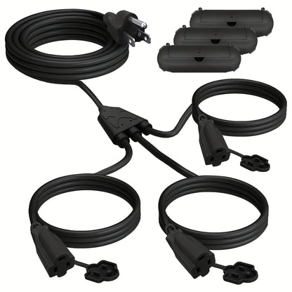 Extension Cord Splitter 1 to 3 Outlets 25FT 50FT 16/3 SJTW Pure Copper Core UV-Resistant PVC Jacket 3 Grounded Outlets for Holiday Decoration Christmas Lights Outdoor Indoor Patio Garden Black Green
