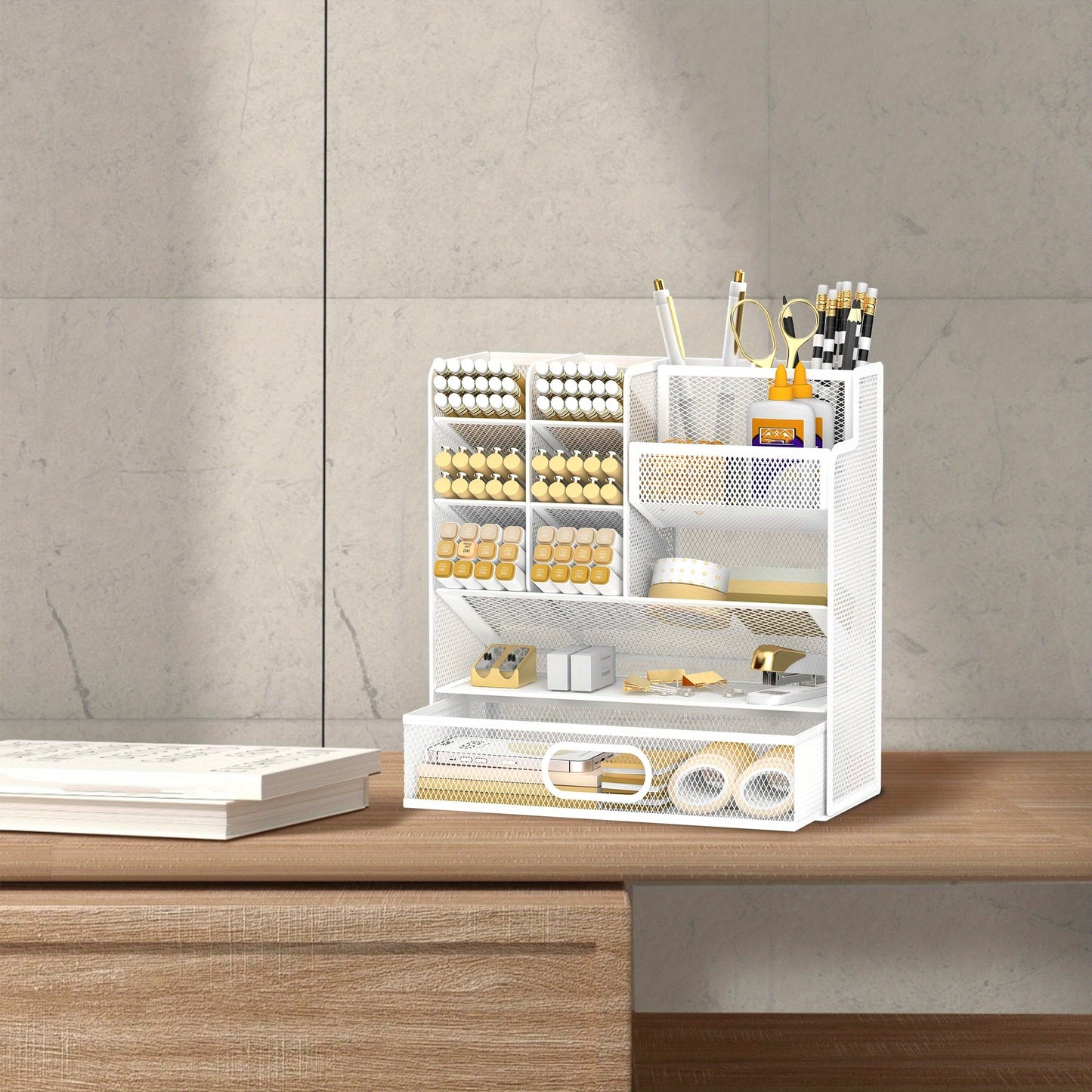 SUPEASY Desk Organizer With Drawer, Multifunctional Mesh Desk Pen Organizer, Desk Organizer With Pen Holder And Accessories For Office And Art Supplies