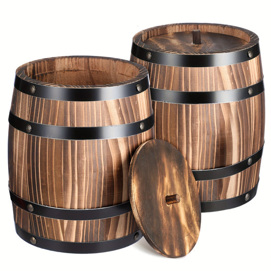 Set of 2 Wooden Barrel Vases Measuring 8 by 6.5 Inches, Perfect for Vintage Floral Arrangements. Ideal for Rustic-Themed Weddings, Table Decor, And Enhancing Indoor Or Outdoor Spaces Like Gardens And Kitchens