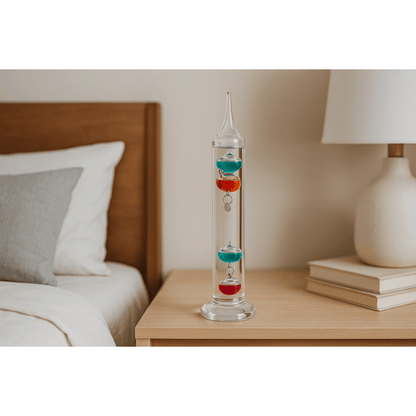 Galileo Thermometer Glass Multicolor Floating Spheres 9.5 Inch Decorative Temperature Display 16°C-28°C for Home Office Desk Science Decor Gift