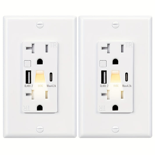 2/10pcs, USB Outlet with Night Light (Manual), 20A 125V Electrical USB C Outlet, 5V 4.2A Tamper-Resistant USB Wall Outlets with Type A & Type C Ports, Wallplate Included, ETL Listed, White