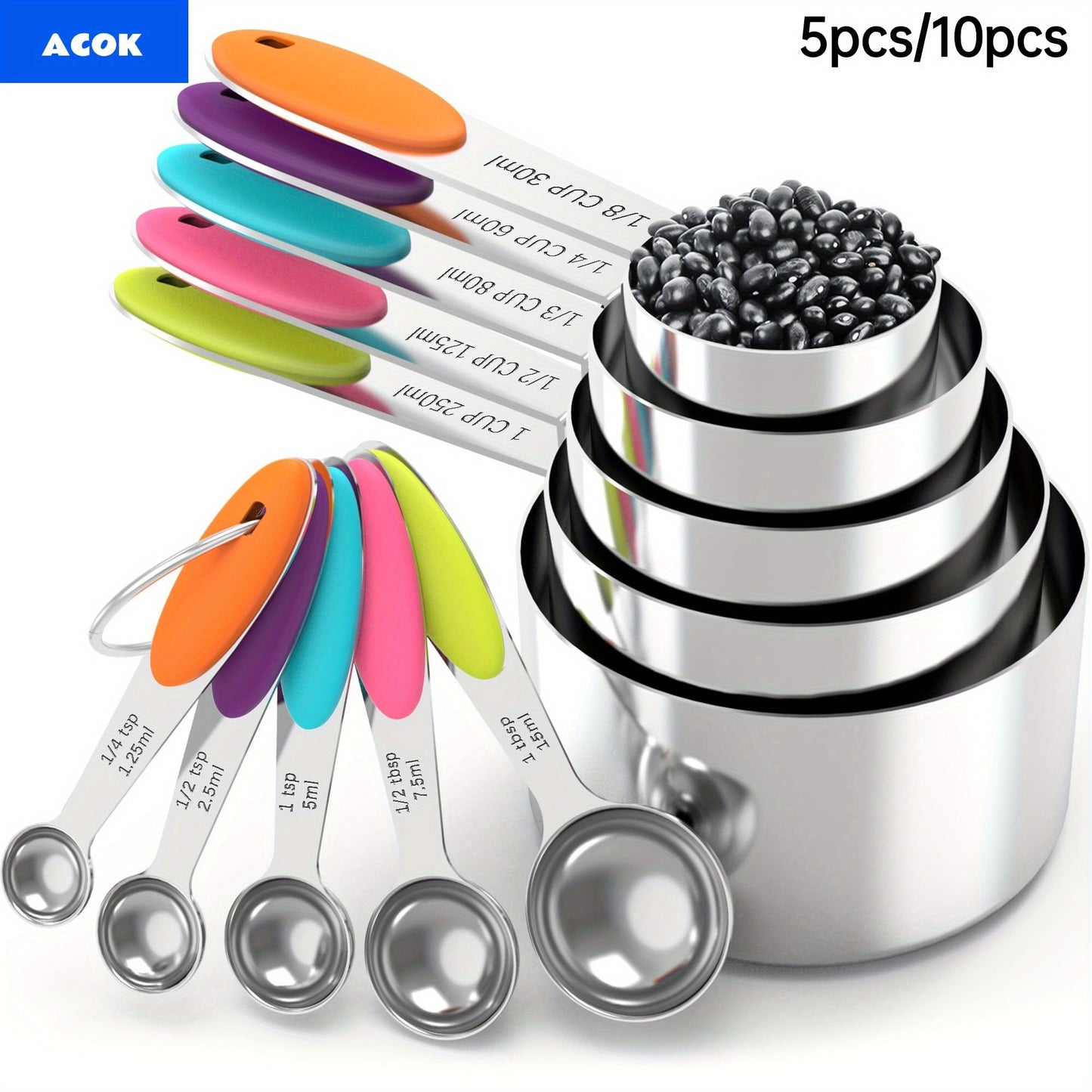 5pcs Measuring Spoon Set/10pcs Measuring Spoon Measuring Cup Set, Stainless Steel, With Silicone Handle, Precise Measuring Tool For Cooking | Essential For Christmas Baking